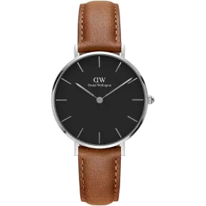Daniel Wellington Petite Sterling 32 Brown Leather Strap Black Dial Quartz Watch for Ladies - DW00100178