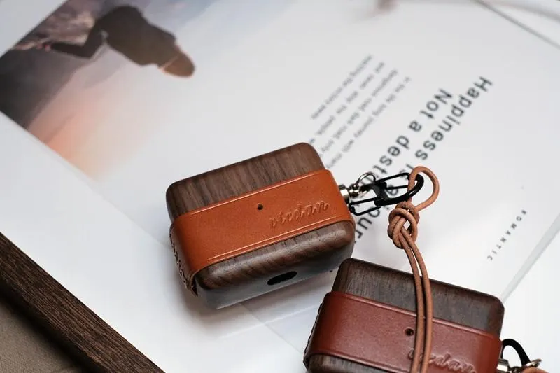 Dark Brown Wood Leather AirPods Pro Case with Clip Strap Dark Brown Leather Pro AirPods Case Airpod Case Cover