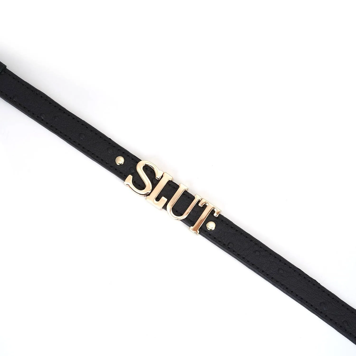 Demon's Kiss Black Leather Choker with Big Letters SLUT