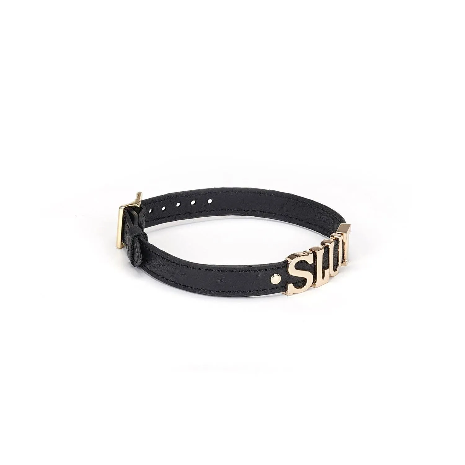 Demon's Kiss Black Leather Choker with Big Letters SLUT
