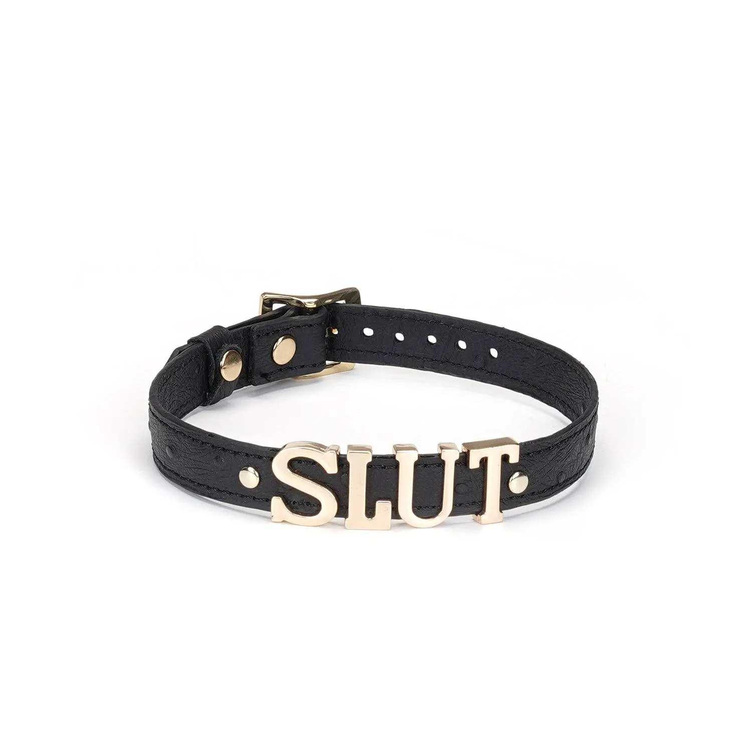 Demon's Kiss Black Leather Choker with Big Letters SLUT