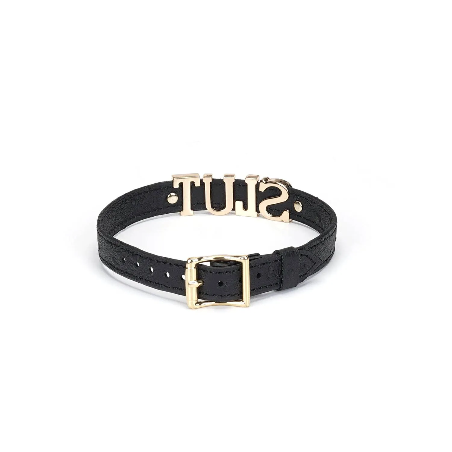 Demon's Kiss Black Leather Choker with Big Letters SLUT