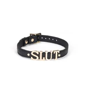 Demon's Kiss Black Leather Choker with Big Letters SLUT