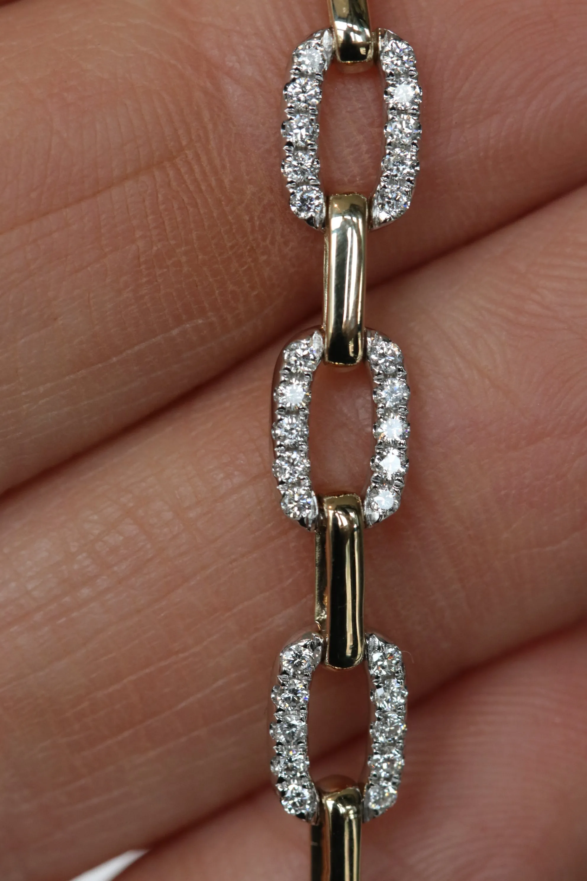 Diamond and Solid 14kt Gold Paperclip Chain Tennis Bracelet