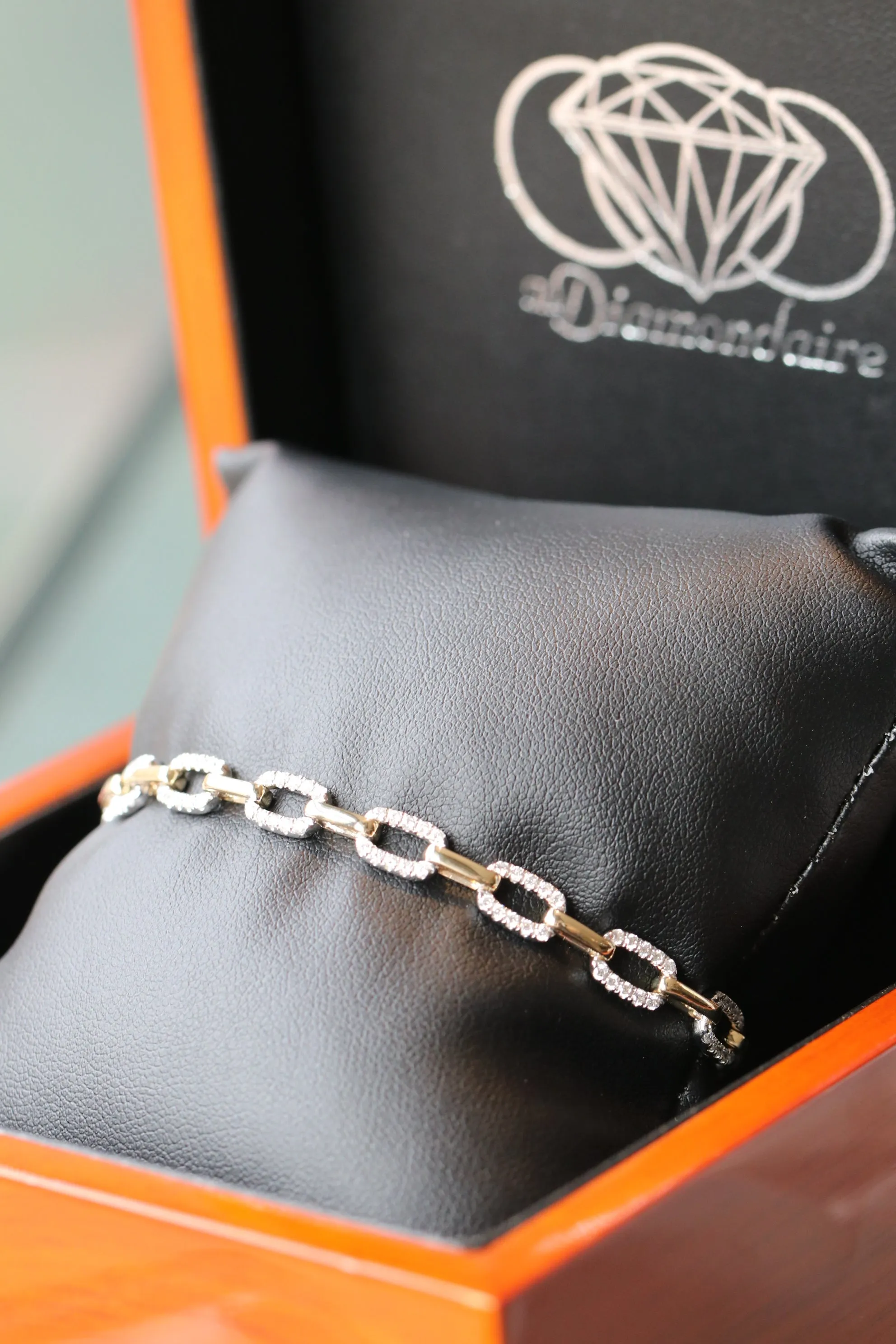 Diamond and Solid 14kt Gold Paperclip Chain Tennis Bracelet