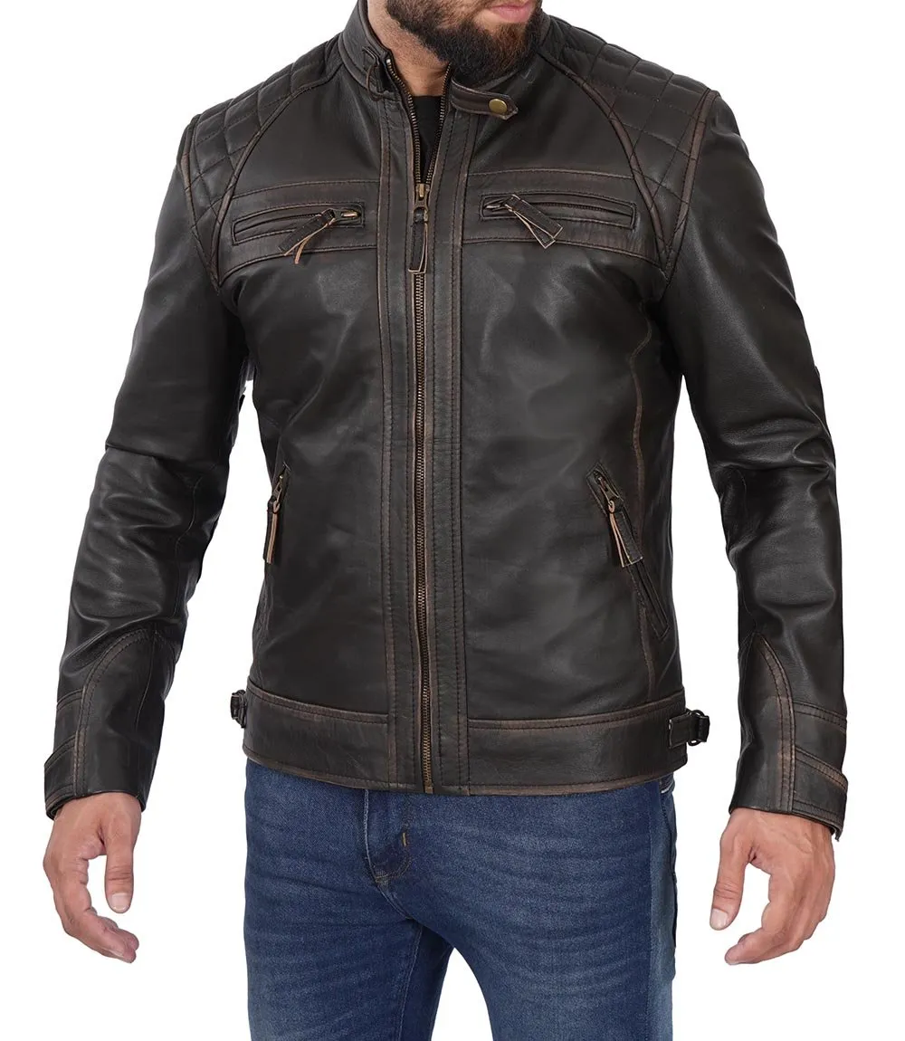 Diamond Men's Tall Distressed Brown  Motorcycle Leather Jacket