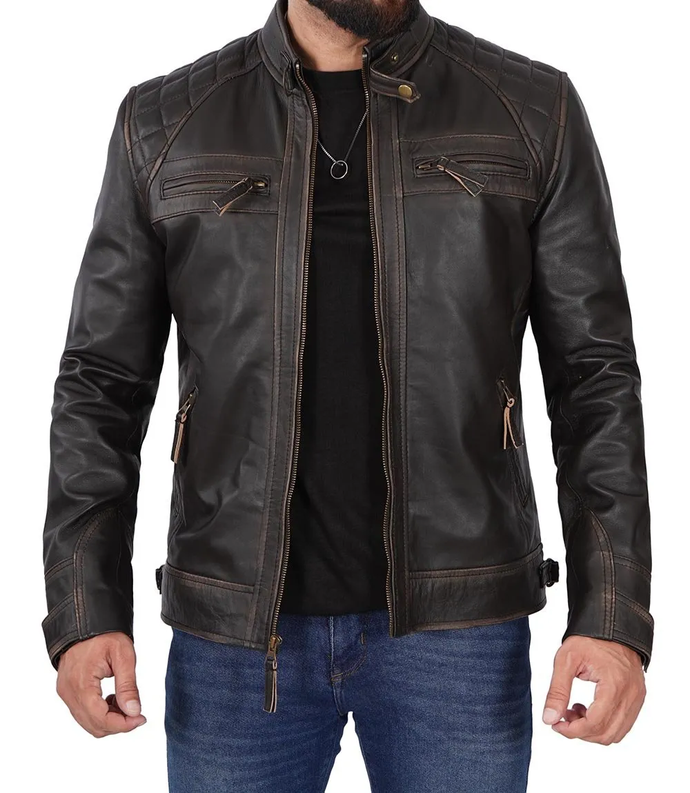Diamond Men's Tall Distressed Brown  Motorcycle Leather Jacket