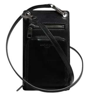 Dolce & Gabbana Black Horse Leather Zip Logo Shoulder Neck Strap Wallet