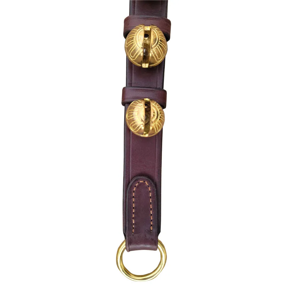 Door Hanging Bells, Double Sewn Brown Leather Strap, 5 Solid Brass Bells