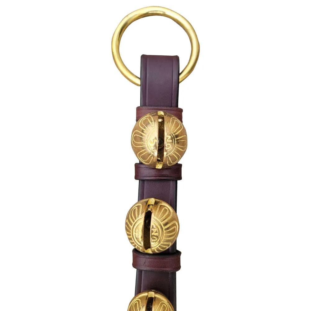 Door Hanging Bells, Double Sewn Brown Leather Strap, 5 Solid Brass Bells