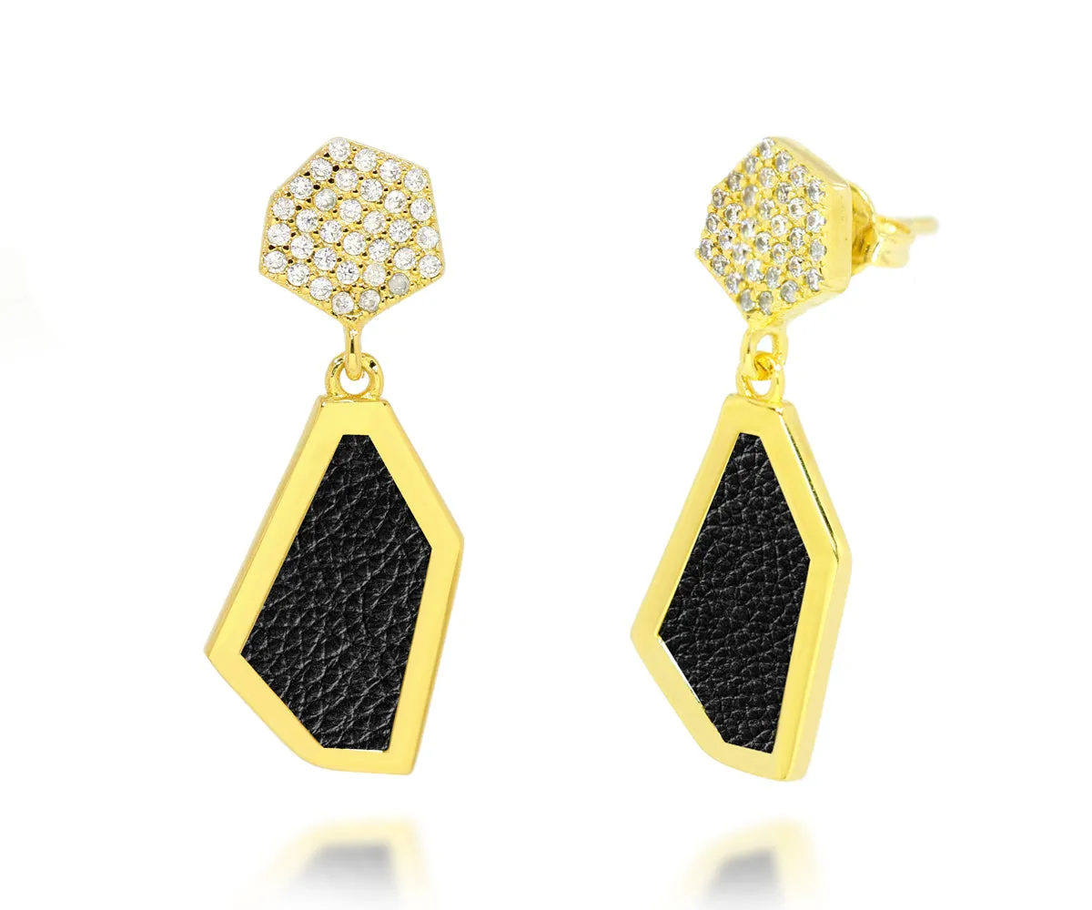 Double Hexagon Leather Inlay Gold Earrings
