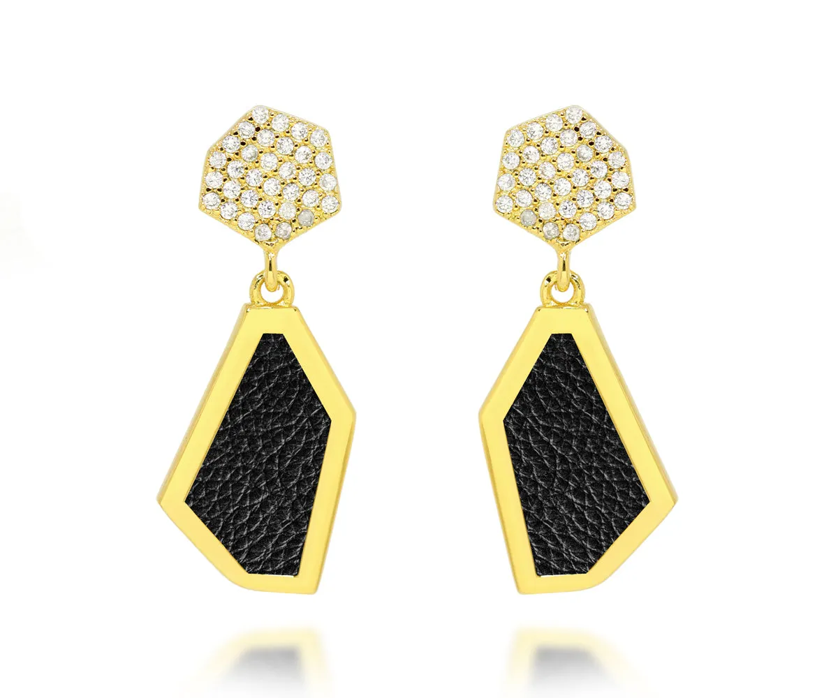 Double Hexagon Leather Inlay Gold Earrings