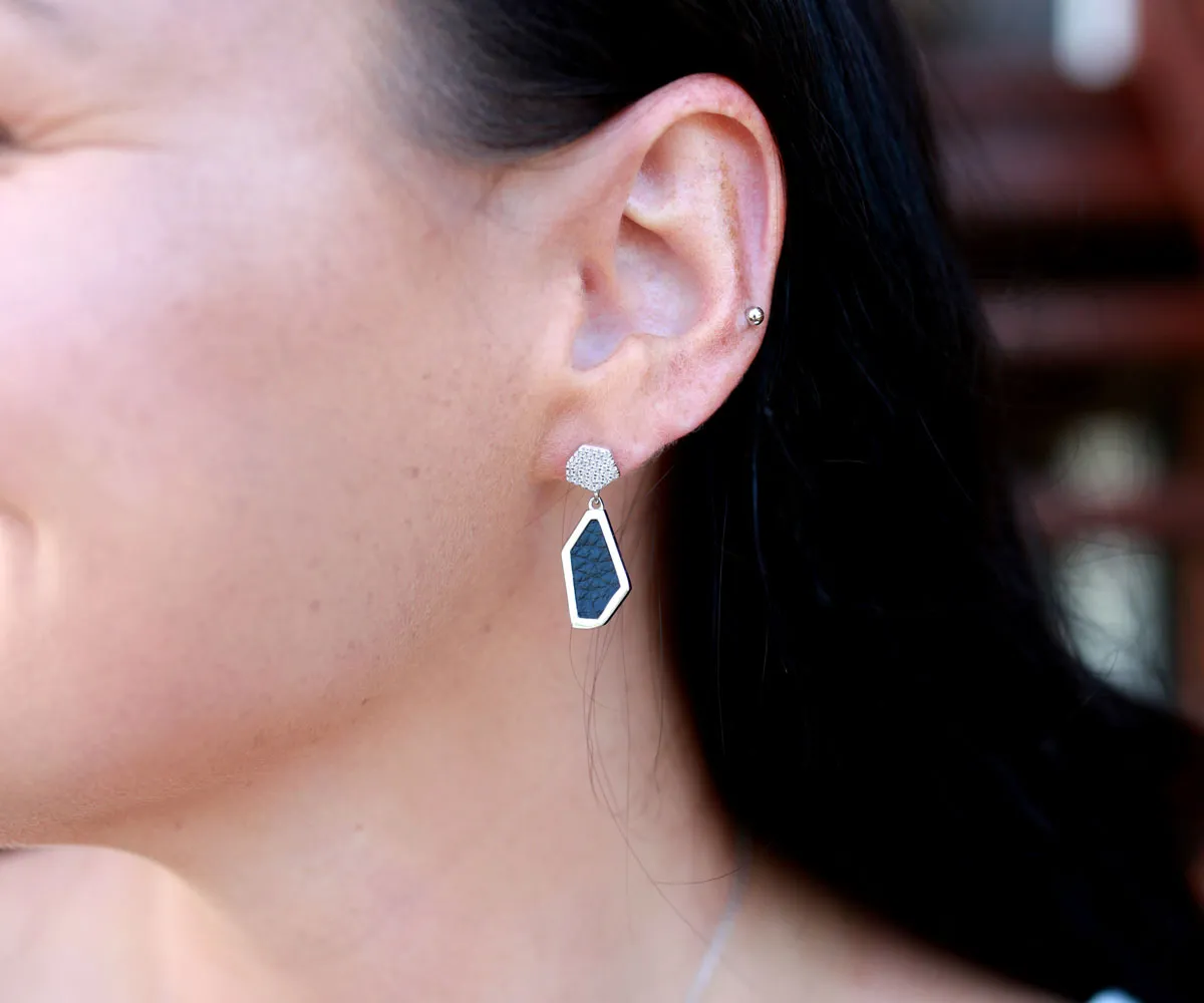 Double Hexagon Leather Inlay Gold Earrings
