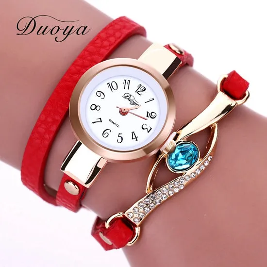 Duoya Brand Watch Women Luxury Gold Eye Gemstone Dress Watches Women Gold Bracelet  Halloween Gift Leather Quartz Wristwatches