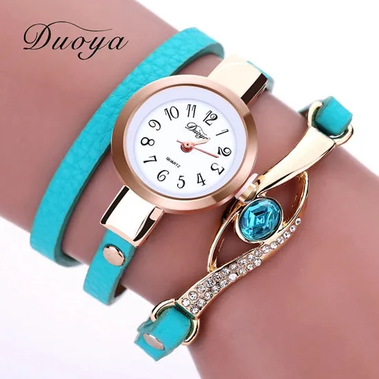 Duoya Brand Watch Women Luxury Gold Eye Gemstone Dress Watches Women Gold Bracelet  Halloween Gift Leather Quartz Wristwatches
