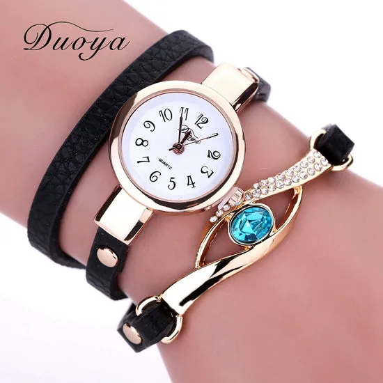 Duoya Brand Watch Women Luxury Gold Eye Gemstone Dress Watches Women Gold Bracelet  Halloween Gift Leather Quartz Wristwatches