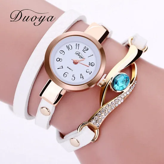 Duoya Brand Watch Women Luxury Gold Eye Gemstone Dress Watches Women Gold Bracelet  Halloween Gift Leather Quartz Wristwatches