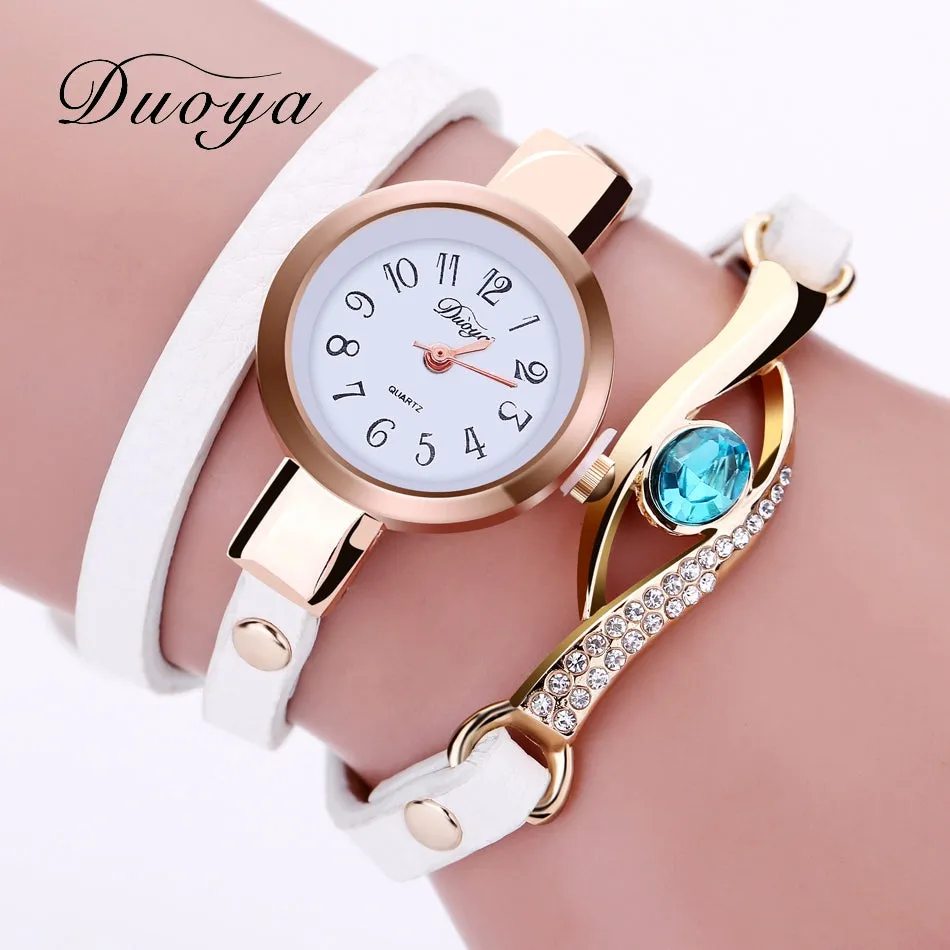 Duoya Brand Watch Women Luxury Gold Eye Gemstone Dress Watches Women Gold Bracelet  Halloween Gift Leather Quartz Wristwatches
