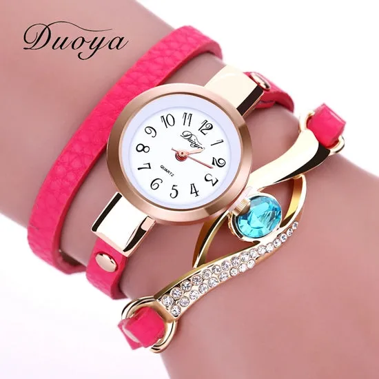 Duoya Brand Watch Women Luxury Gold Eye Gemstone Dress Watches Women Gold Bracelet  Halloween Gift Leather Quartz Wristwatches