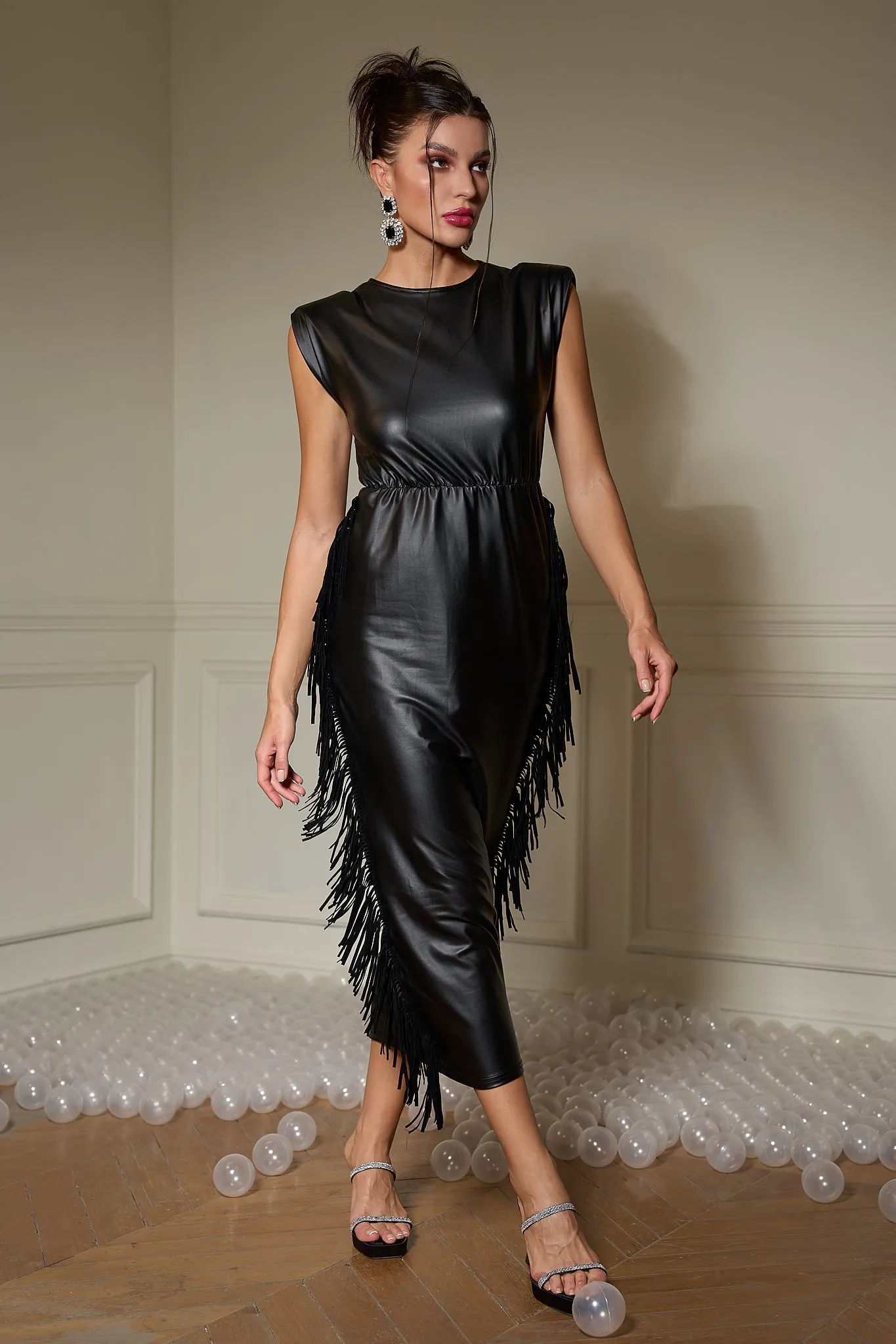 Eclipse Tassel Trim Leather Black Dress