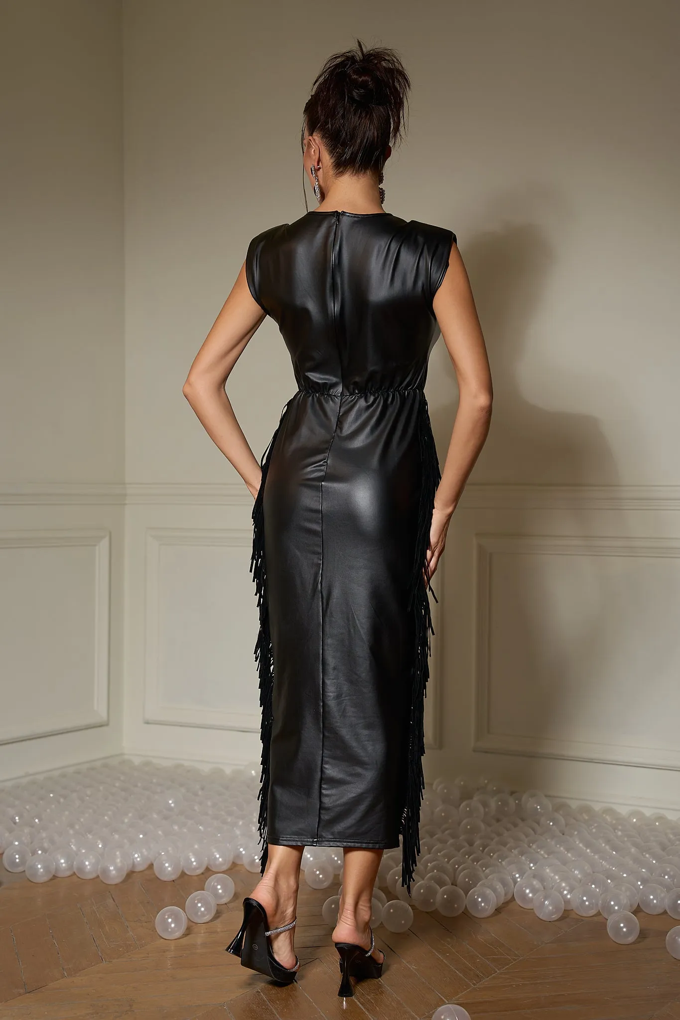 Eclipse Tassel Trim Leather Black Dress