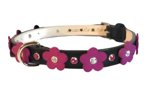 Ellie Flower Leather Dog Collar with Crystals on Flower & Strap