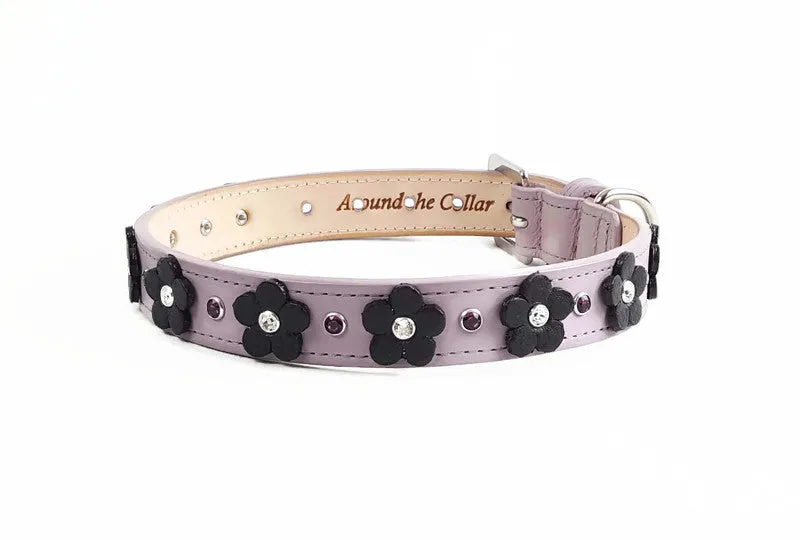 Ellie Flower Leather Dog Collar with Crystals on Flower & Strap