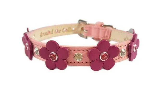 Ellie Flower Leather Dog Collar with Crystals on Flower & Strap