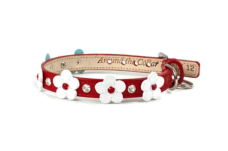 Ellie Flower Leather Dog Collar with Crystals on Flower & Strap