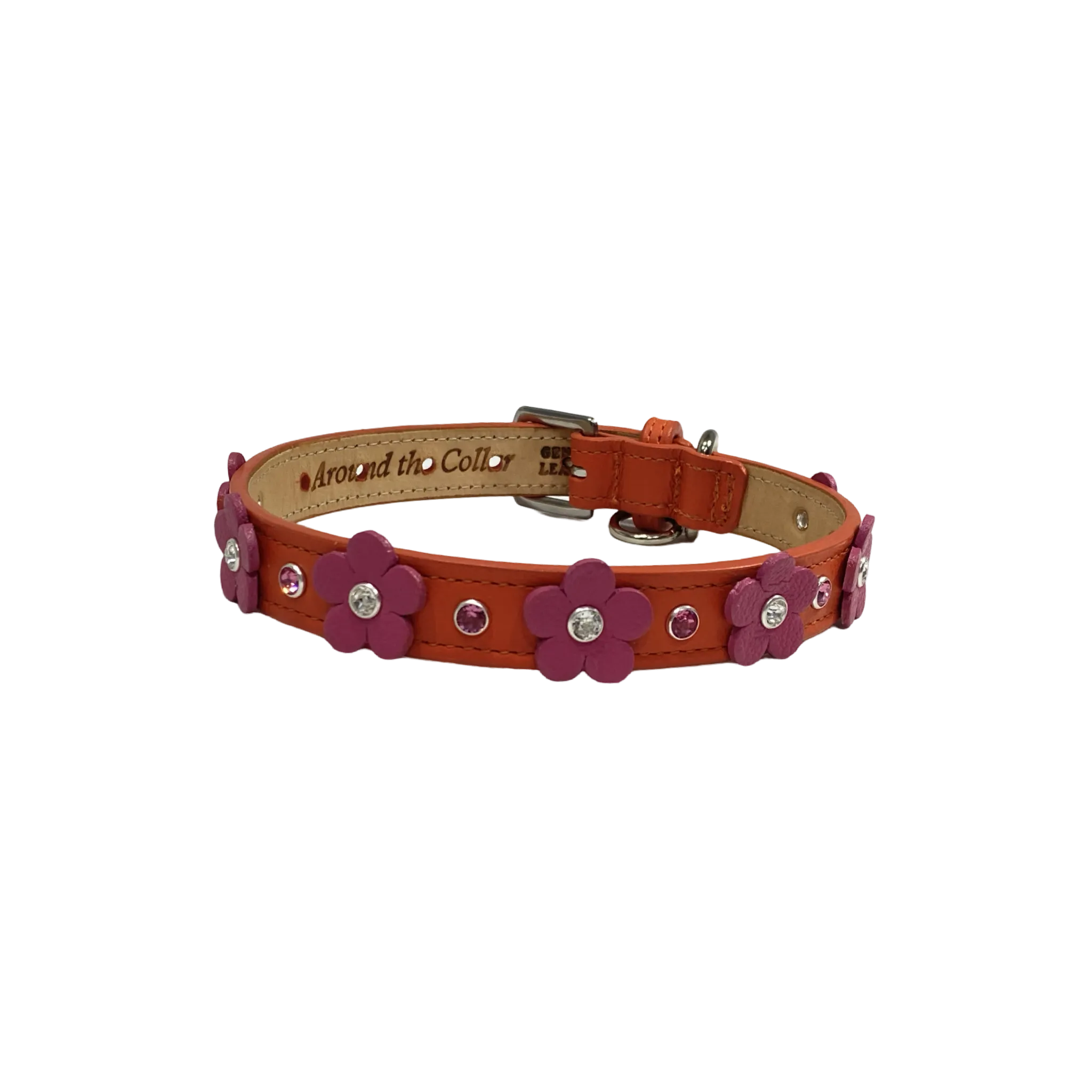 Ellie Flower Leather Dog Collar with Crystals on Flower & Strap