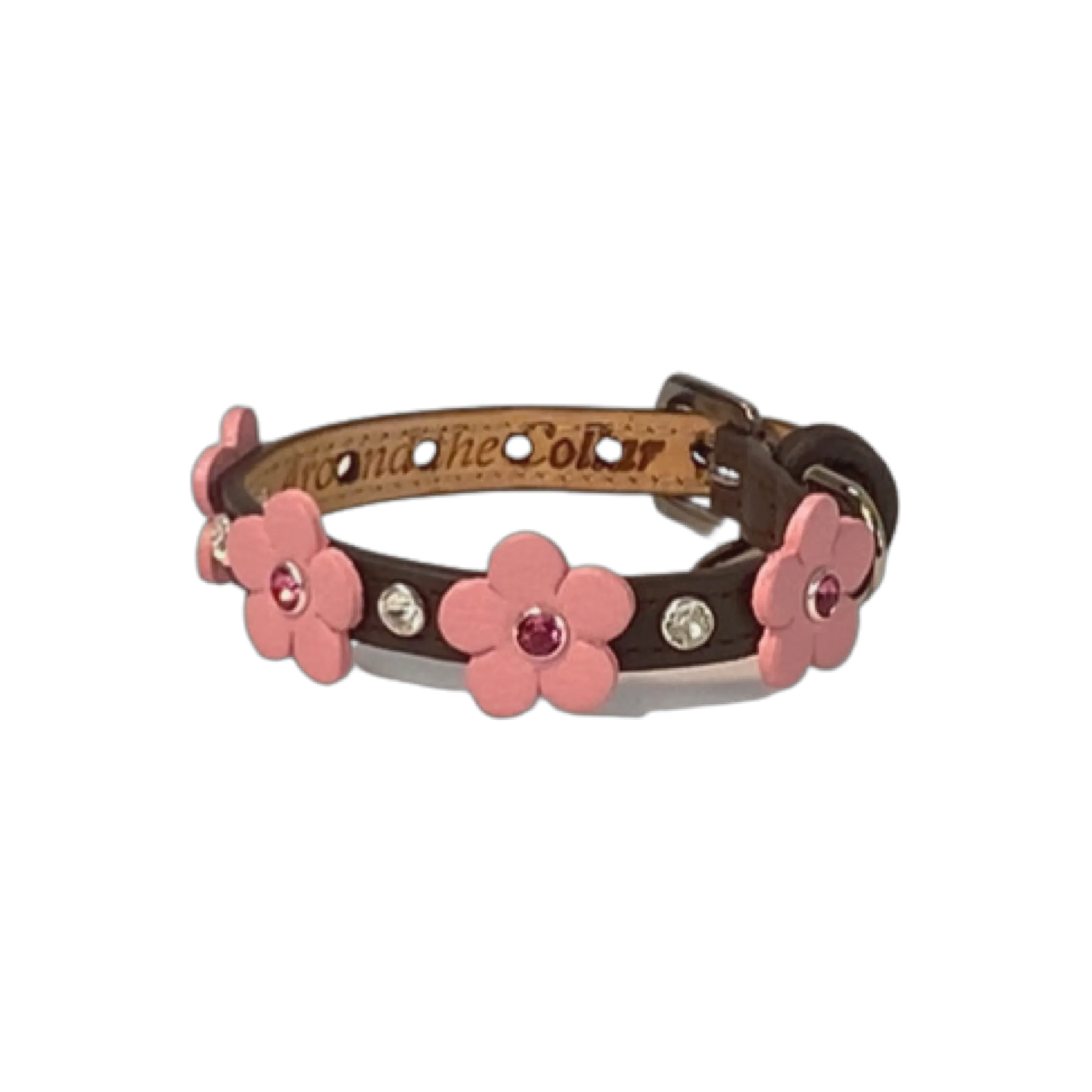 Ellie Flower Leather Dog Collar with Crystals on Flower & Strap