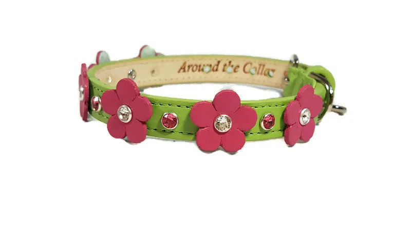 Ellie Flower Leather Dog Collar with Crystals on Flower & Strap