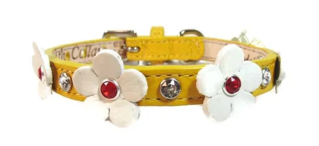Ellie Flower Leather Dog Collar with Crystals on Flower & Strap