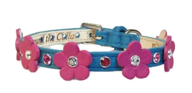 Ellie Flower Leather Dog Collar with Crystals on Flower & Strap