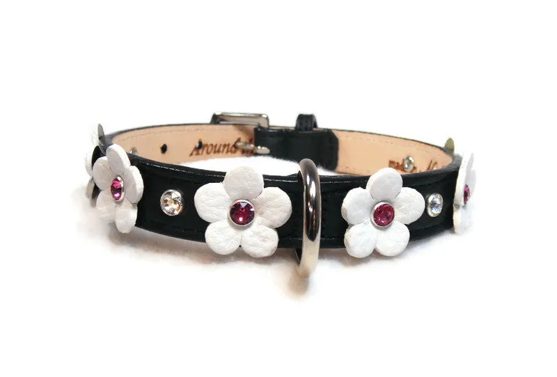 Ellie Flower Leather Dog Collar with Crystals on Flower & Strap