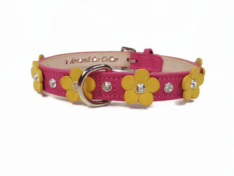 Ellie Flower Leather Dog Collar with Crystals on Flower & Strap