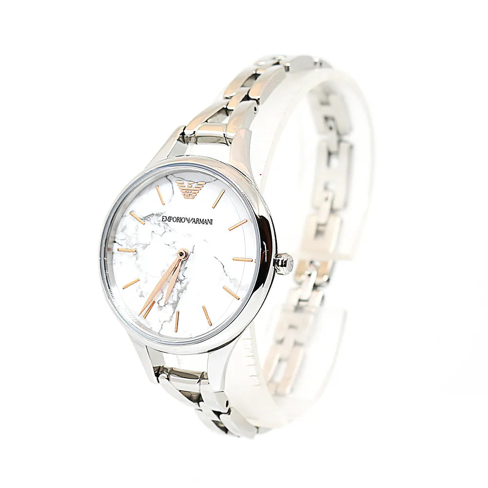Emporio Armani Ladies Watch Ss Case & Bracelet With Marble Dial & Rosegold Index