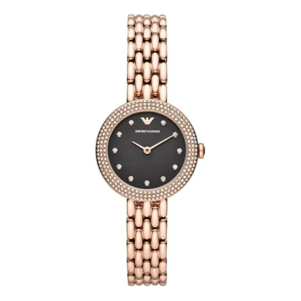 Emporio Armani Rose Gold Leather Strap Black Dial Quartz Watch for Ladies - AR11372