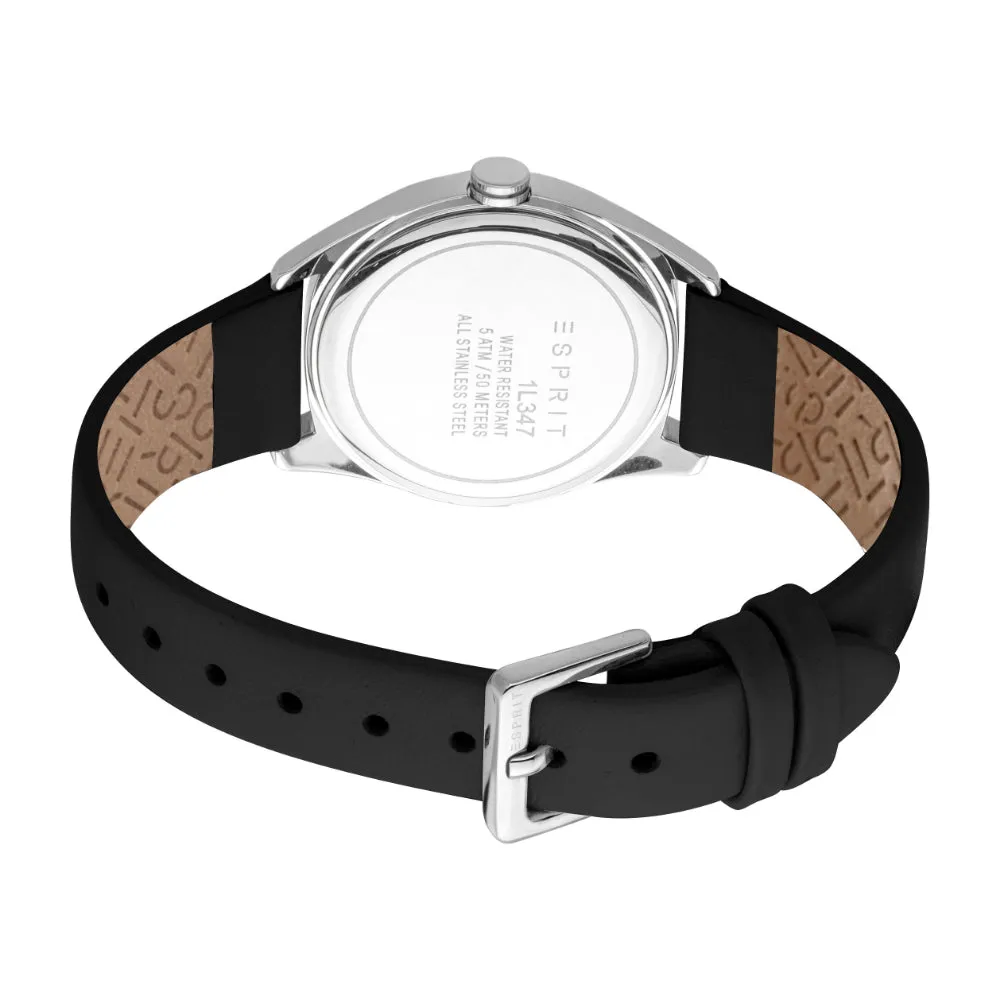 Esprit Celia Ladies Silver Dial Black Leather Strap Watch with Date