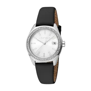 Esprit Celia Ladies Silver Dial Black Leather Strap Watch with Date