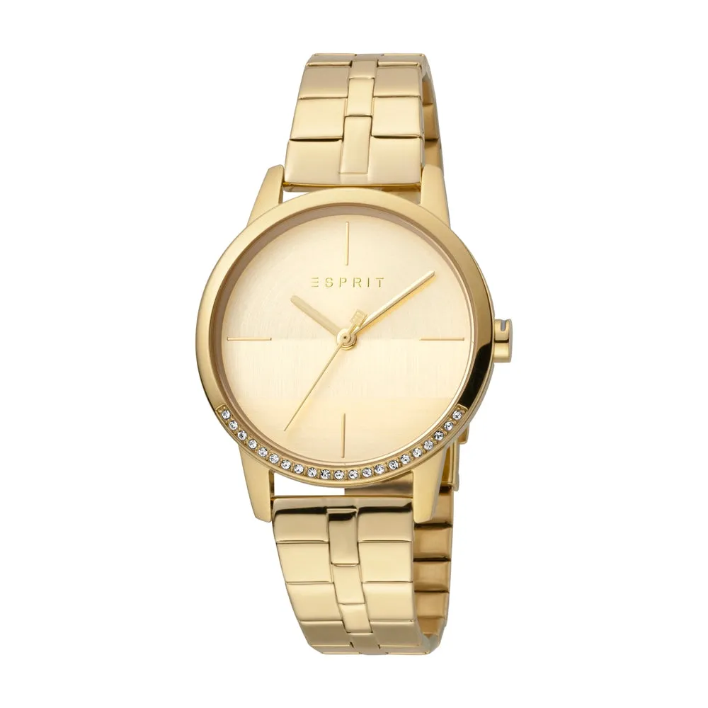 Esprit Ladies IP Gold Stainless Steel Watch Stones on Bezel Silver Color Dial & Metal Bracelet