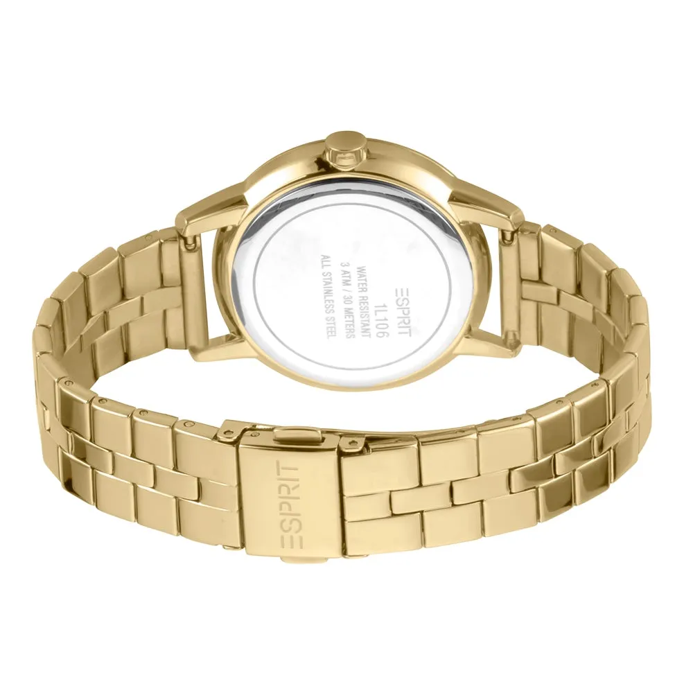 Esprit Ladies IP Gold Stainless Steel Watch Stones on Bezel Silver Color Dial & Metal Bracelet