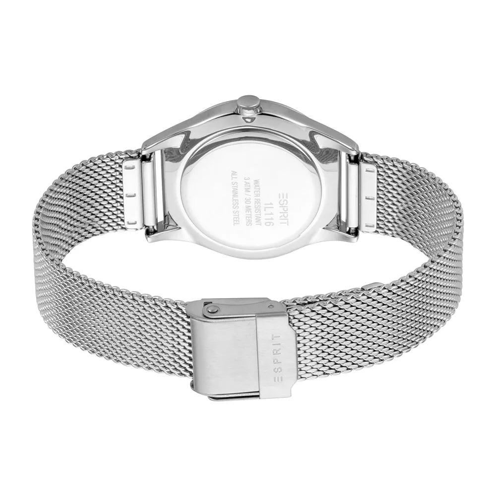 Esprit Ladies Stainless Steel Watch Stones on Bezel Silver Color Dial & Mesh Bracelet