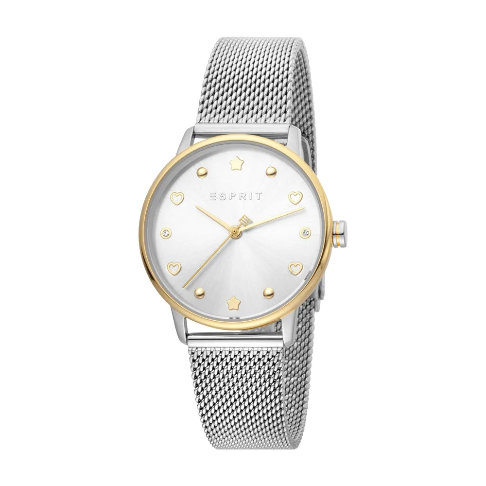 Esprit Ladies Watch Silver Color MeshÂ Bracelet & White Dial Set With Accessories