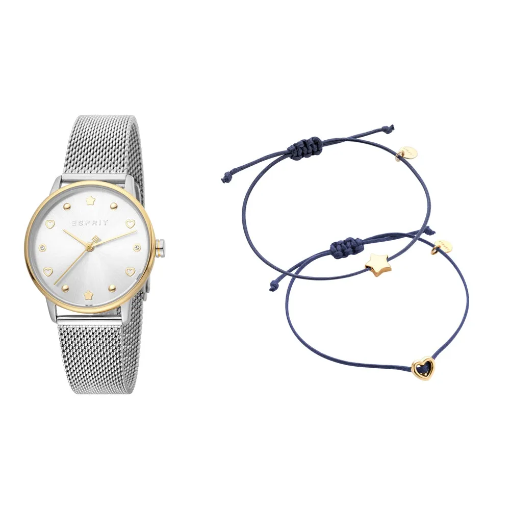 Esprit Ladies Watch Silver Color MeshÂ Bracelet & White Dial Set With Accessories