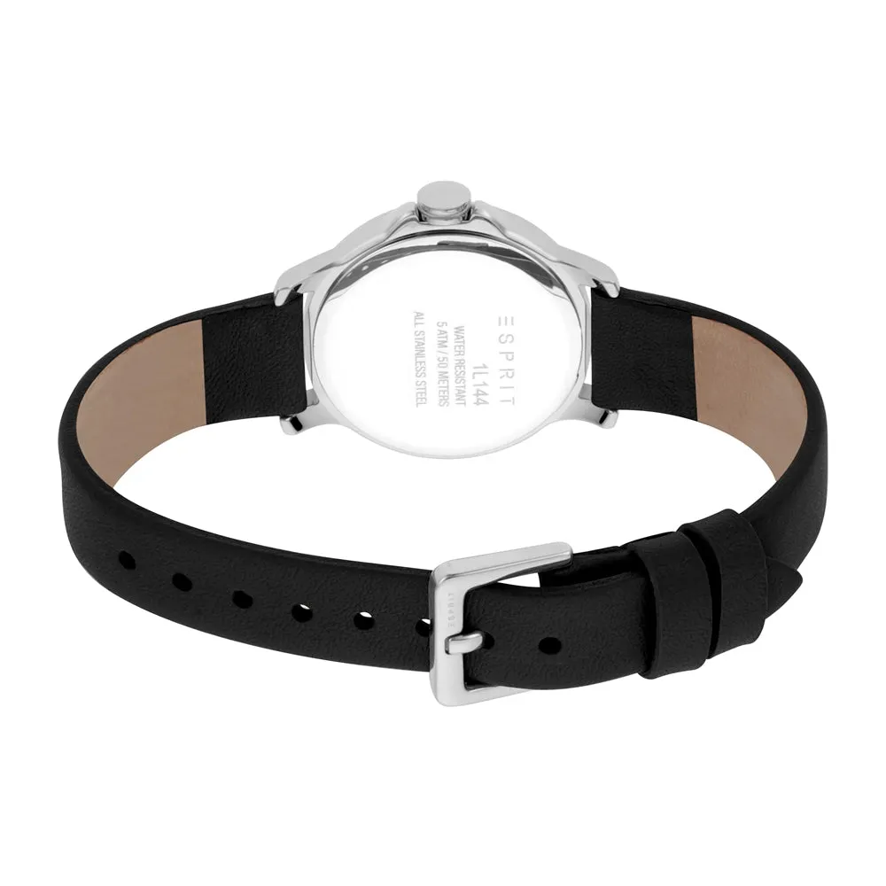 Esprit Ladies Watch With Black Leather Strap & White Dial With Stone
