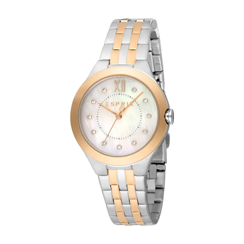 ESPRIT Women's Two Tone Silver & Rose Gold Watch with White MOP Dial and Metal Bracelet