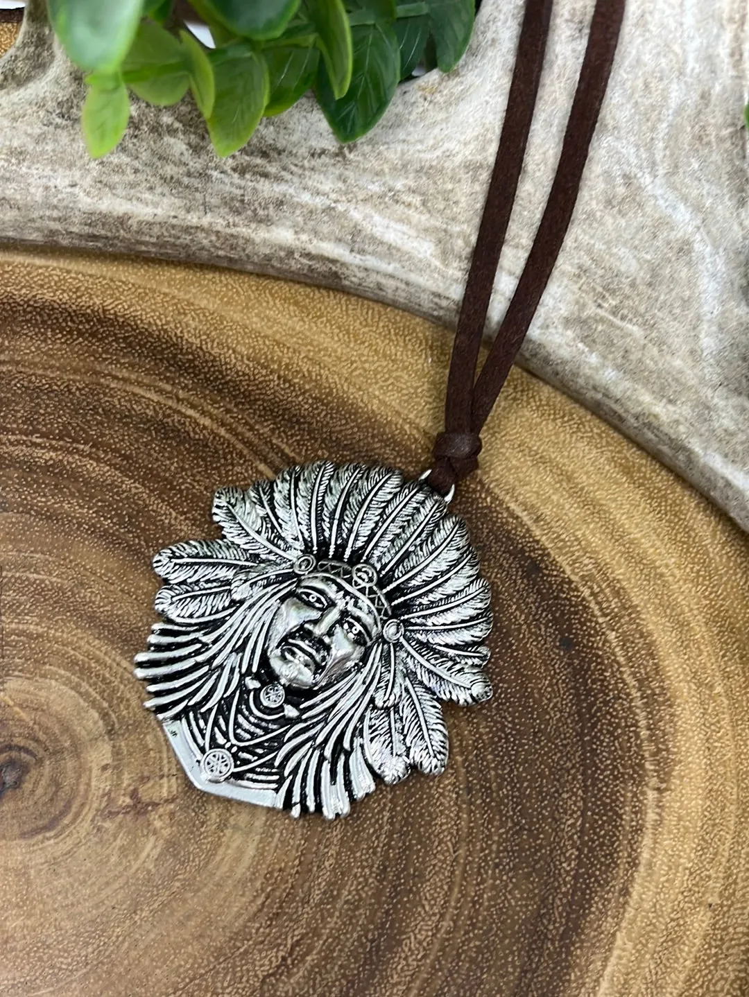 Fashion Indian Head Pendant on Leather - 28"
