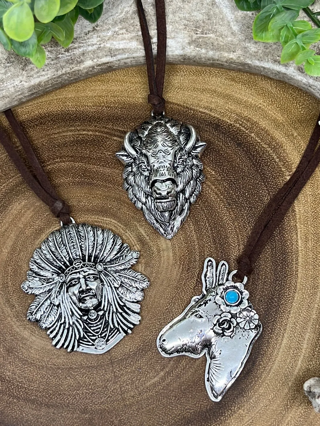 Fashion Indian Head Pendant on Leather - 28"