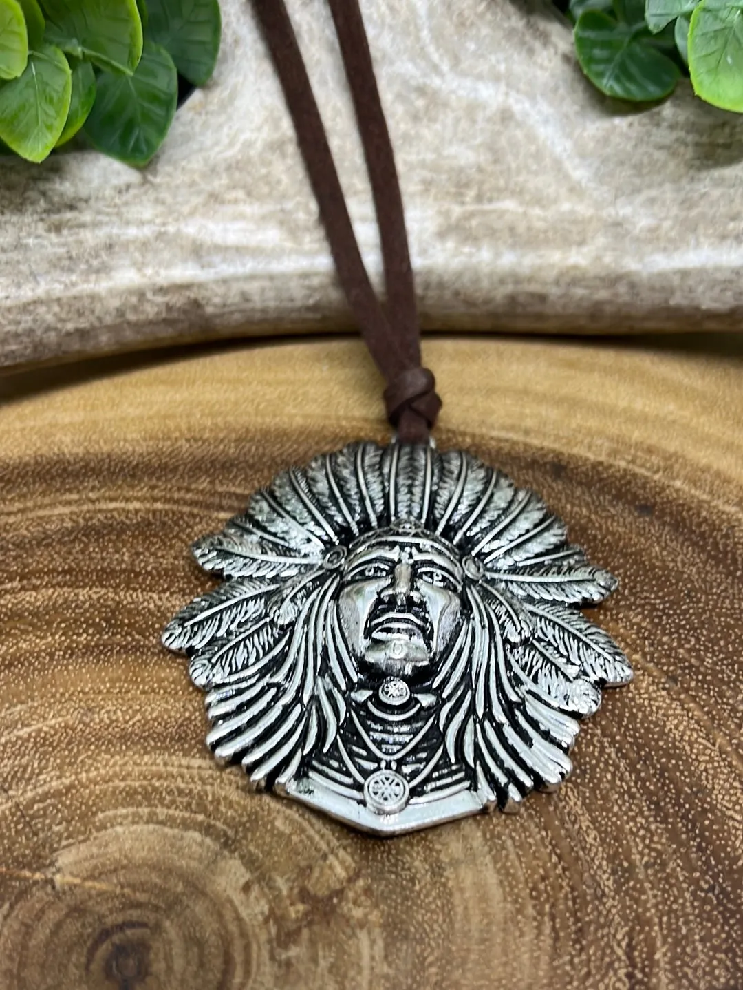 Fashion Indian Head Pendant on Leather - 28"